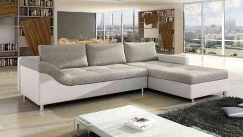 White Faux Leather and Grey Fabric Corner Sofa