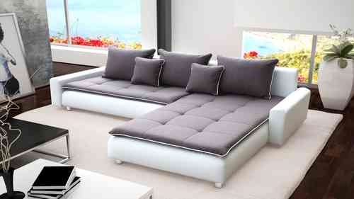 Large White Faux Leather & Grey Fabric Corner Sofa