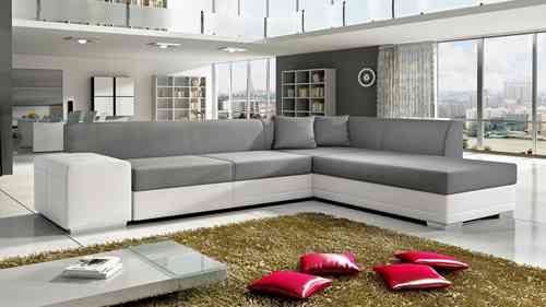 Faux Leather and Fabric Corner Sofa in White & Grey