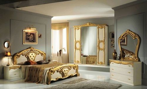 High Gloss Beige & Gold Italian Bedroom Furniture Set
