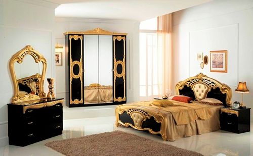 High Gloss Black & Gold Italian Bedroom Furniture Set