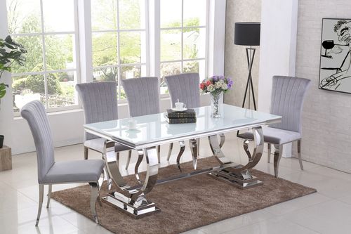 Chrome and white glass dining table and 6 grey chairs