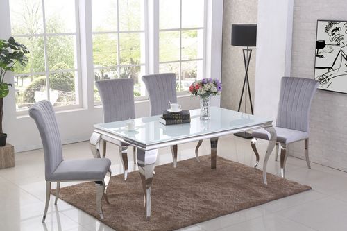 160cm white glass dining table and 6 grey velvet chairs