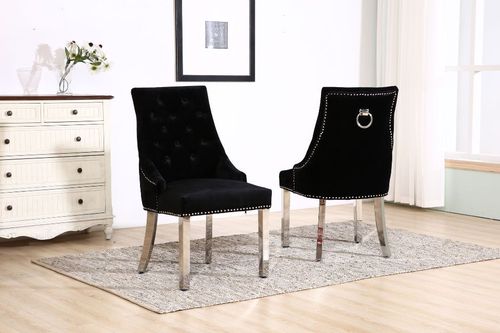 Knocker Black velvet dining chair with chrome legs