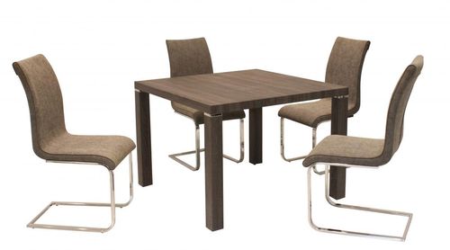 Walnut effect dining table and 4 brown chairs