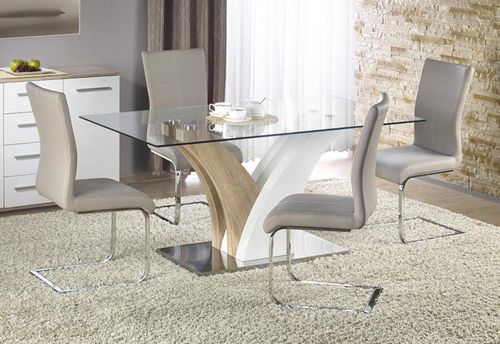 Glass, Gloss & Oak dining table and 6 grey chairs