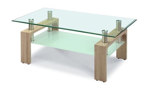 Glass coffee table natural wood effect legs