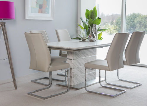 Extending white & grey marble effect dining table and 6 chairs